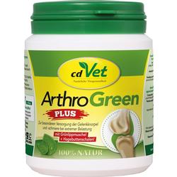 Eine grün-weiße Dose mit Aufschrift "ArthroGreen Plus" und Bildern von Gelenken.